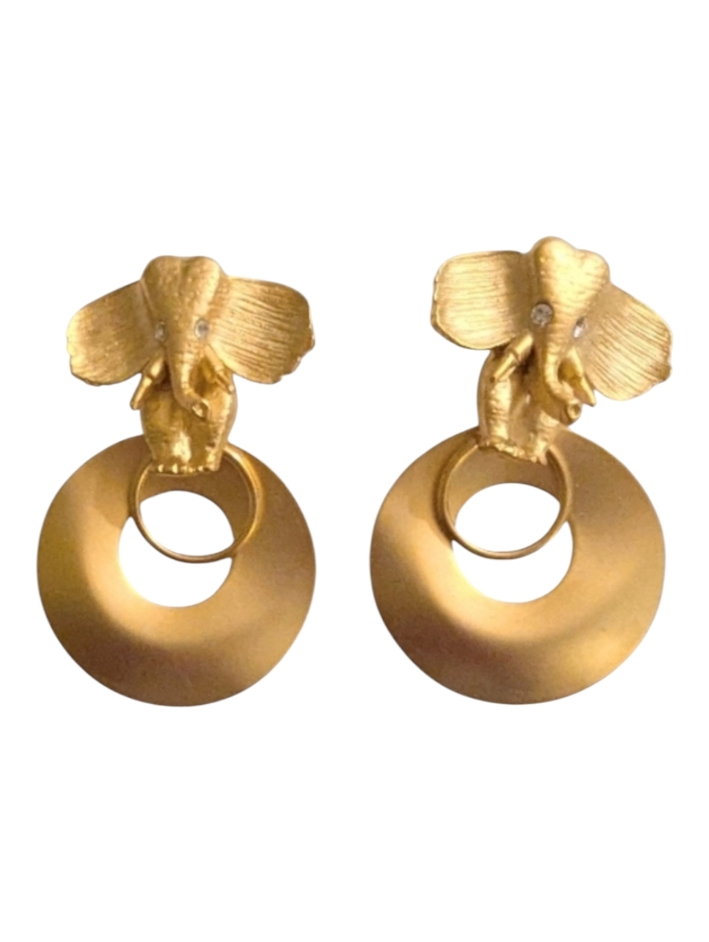 Rare 90s Gold Tone Elephant Door Knocker Earrings with Rhinestone Earring